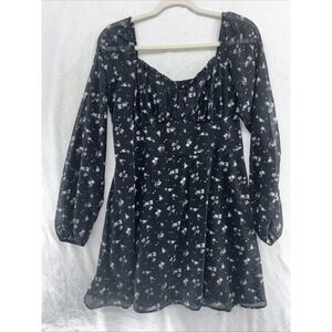 Hollister Black Floral Chiffon Long Sleeve Mini Dress Sweetheart Neckline Small